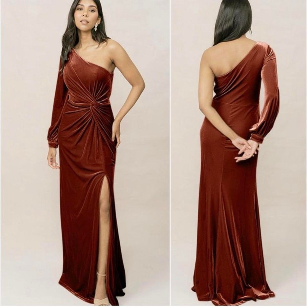 Revelry Orange Velvet One Shoulder Dress Bachelorette Wedding Size 6 Maxi Formal